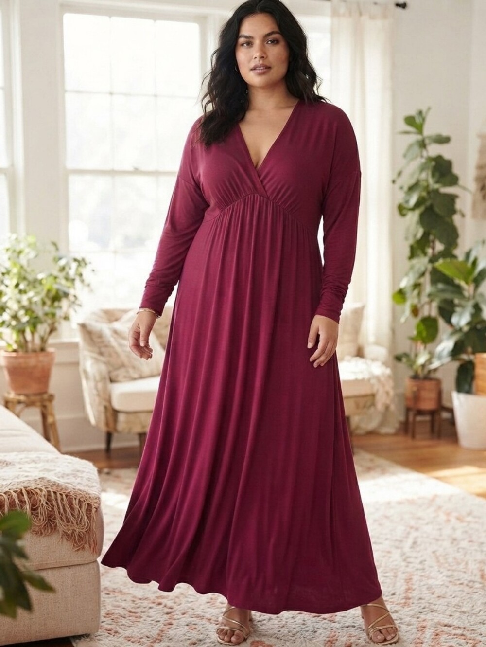24Seven 2X Long Sleeve V-Neck Maxi Dress in Burgundy NWT